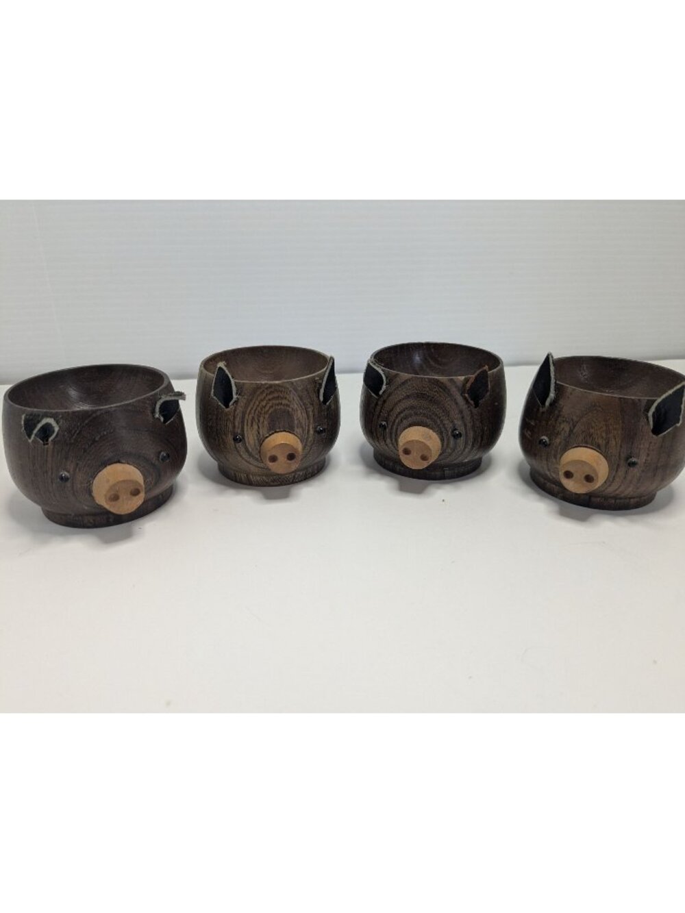 Vtg. Nasco Japan Wooden Pig- Cups Set Of 4 Handcrafted Soju Ears & Tails Teak